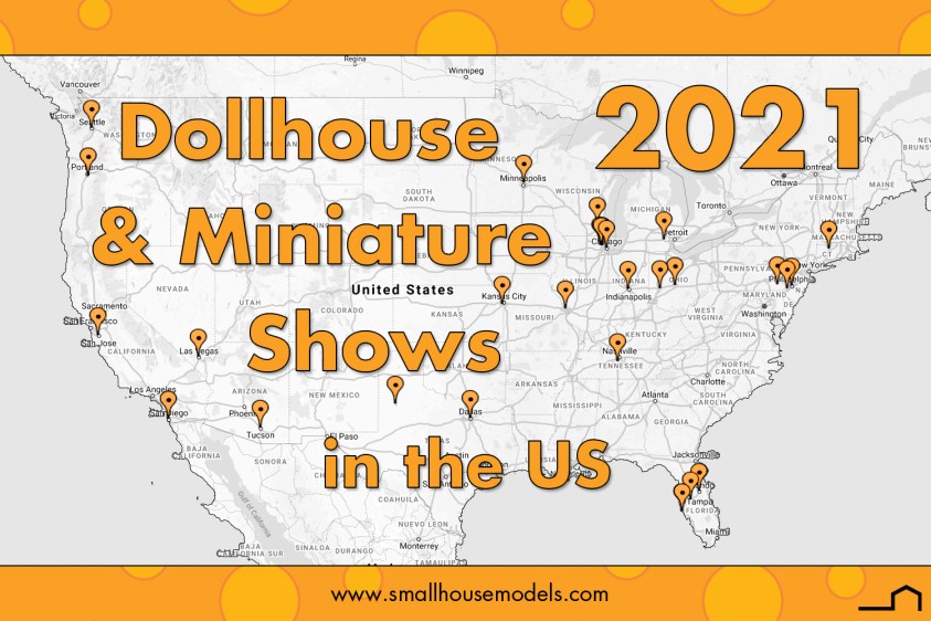 Map of the US with markers indicating locations of Dollhouse Miniature Shows in 2021