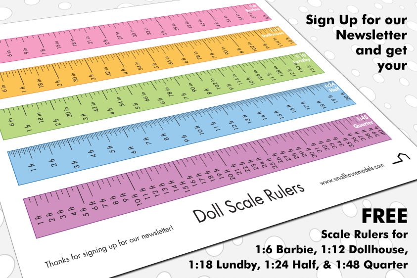 A printable PDF with 5 common dollhouse scale rulers on it.
